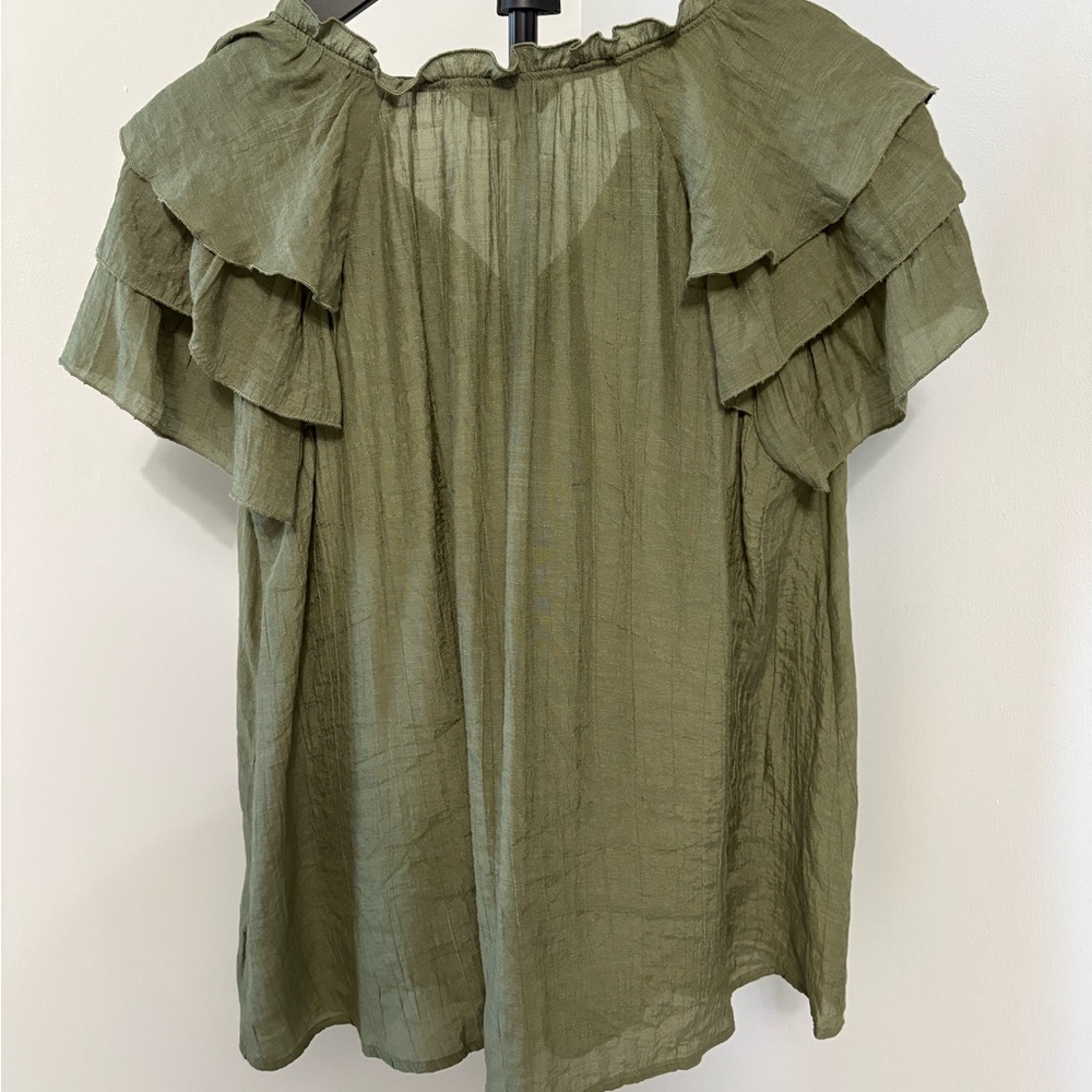 Nanette Lepore Tiered Ruffle Sleeve Boho Blouse - Prairie Sage Green - Size M - Picture 3 of 5